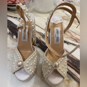 Jimmy Choo Sacaria Pearl-Studded Beige Heels